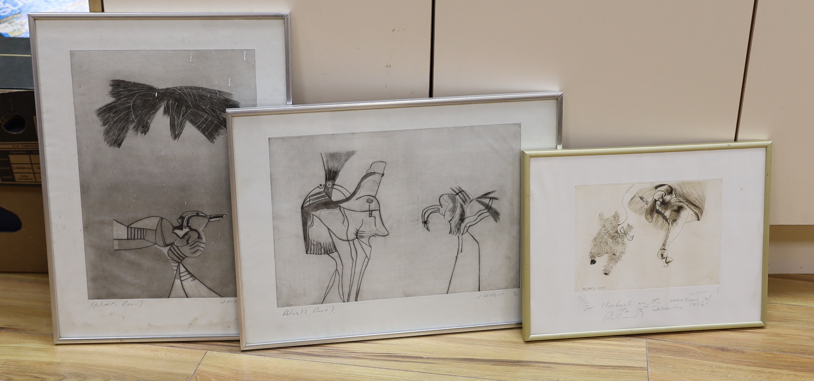 Roland Jarvis (1926-2016), three surreal etchings, 'Alba's Dog' and two artist proof examples, each signed, largest 37 x 51cm